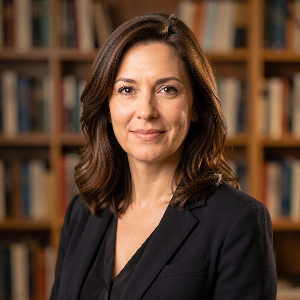 Editorial portrait of a woman in her mid-thirties, warm studio lighting, bookshelves in soft focus background