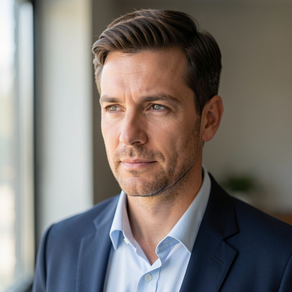 Portrait of a man in his early forties with a thoughtful expression, natural daylight from a side window, minimal background