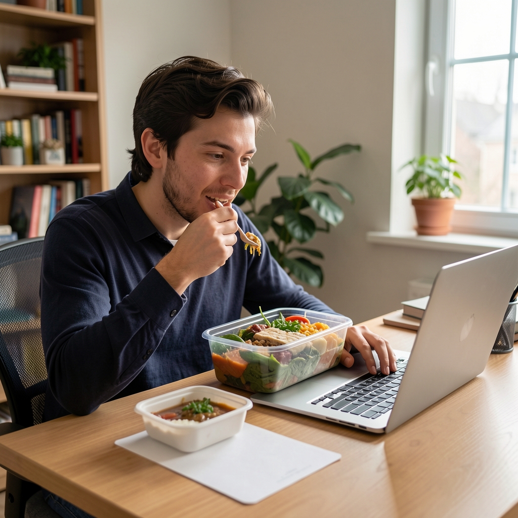 Person sitting at a desk eating a takeaway meal from a plastic container while working on a laptop in a home office