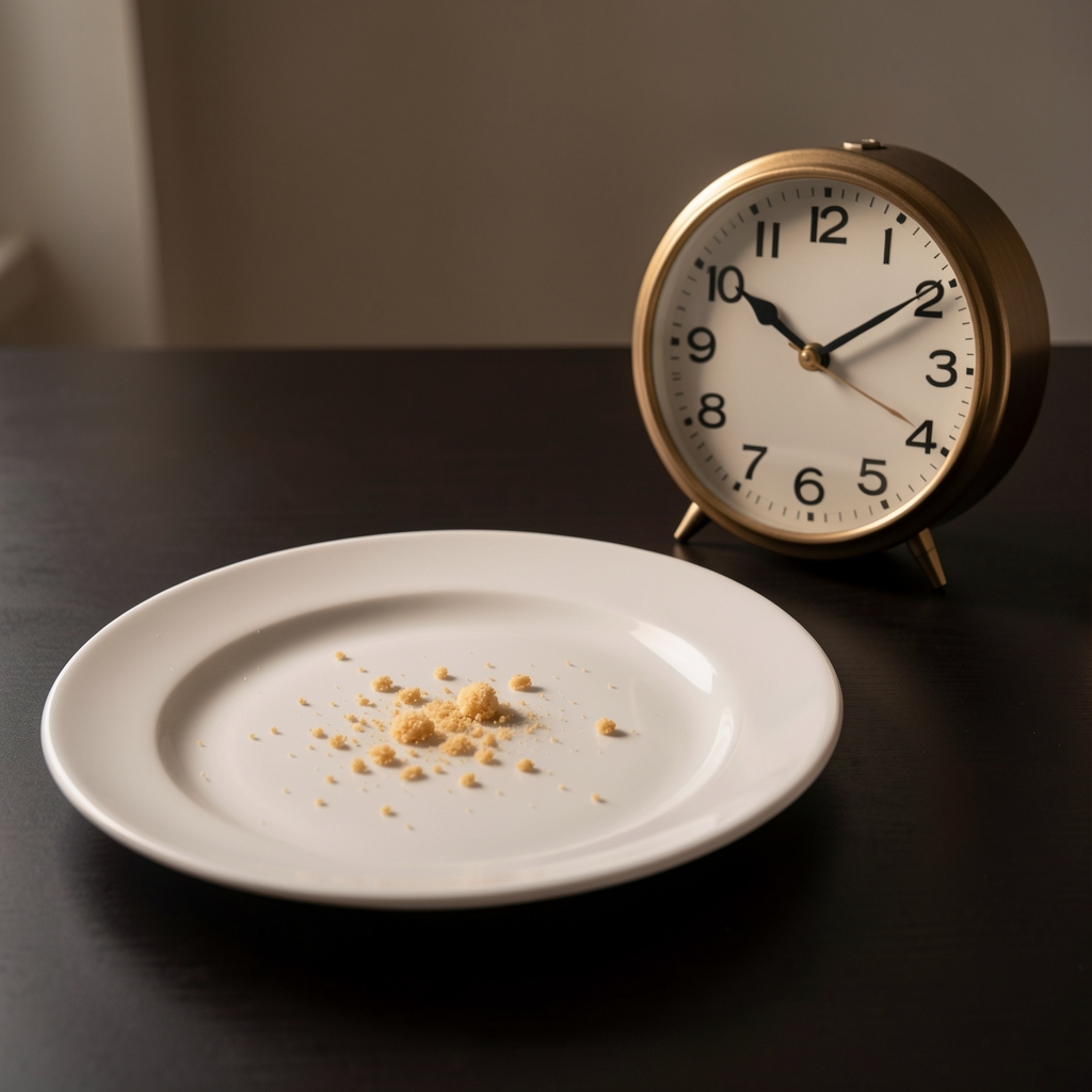 Empty dinner plate with crumbs on a dark table beside a clock showing late evening time, soft ambient lighting