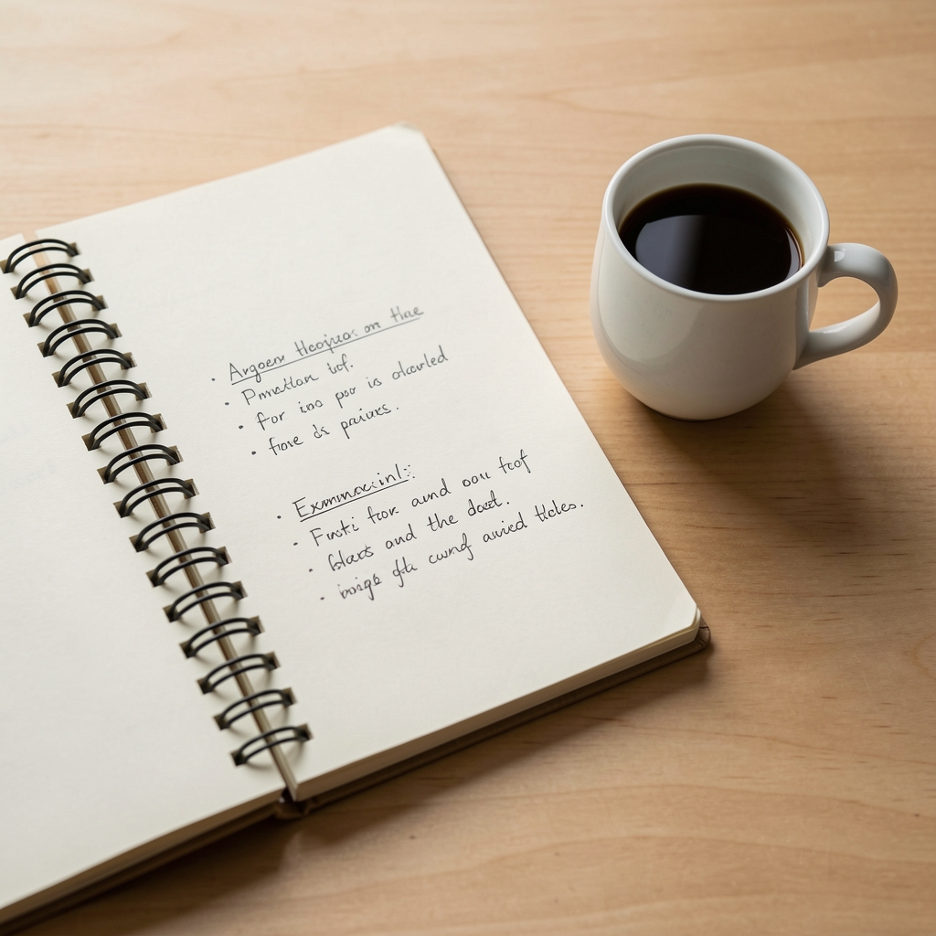 Close-up of an open spiral notebook with handwritten editorial notes beside a small coffee cup on a plain wooden surface, natural light